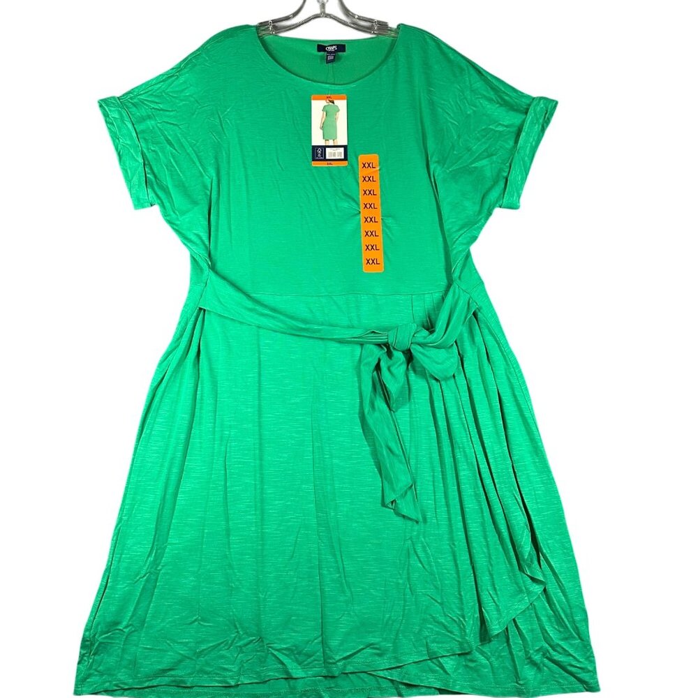 Chaps Womens XXL Green Crew Neck Knit Dress Short Sleeve Faux Wrap Dress NWT